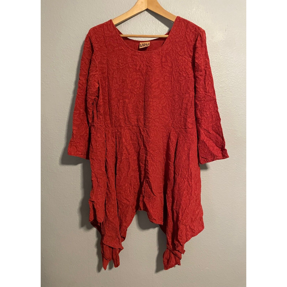 URU Kristine St Rrik Womens Tunic One Size Red Silk Floral Embossed Lagenlook
